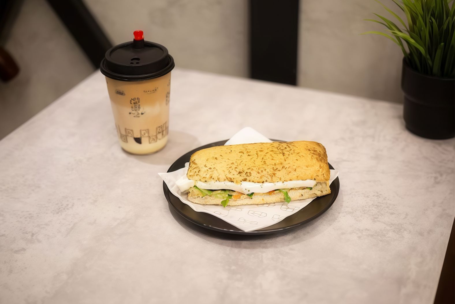 Hot latte + 1 halloum sandwich