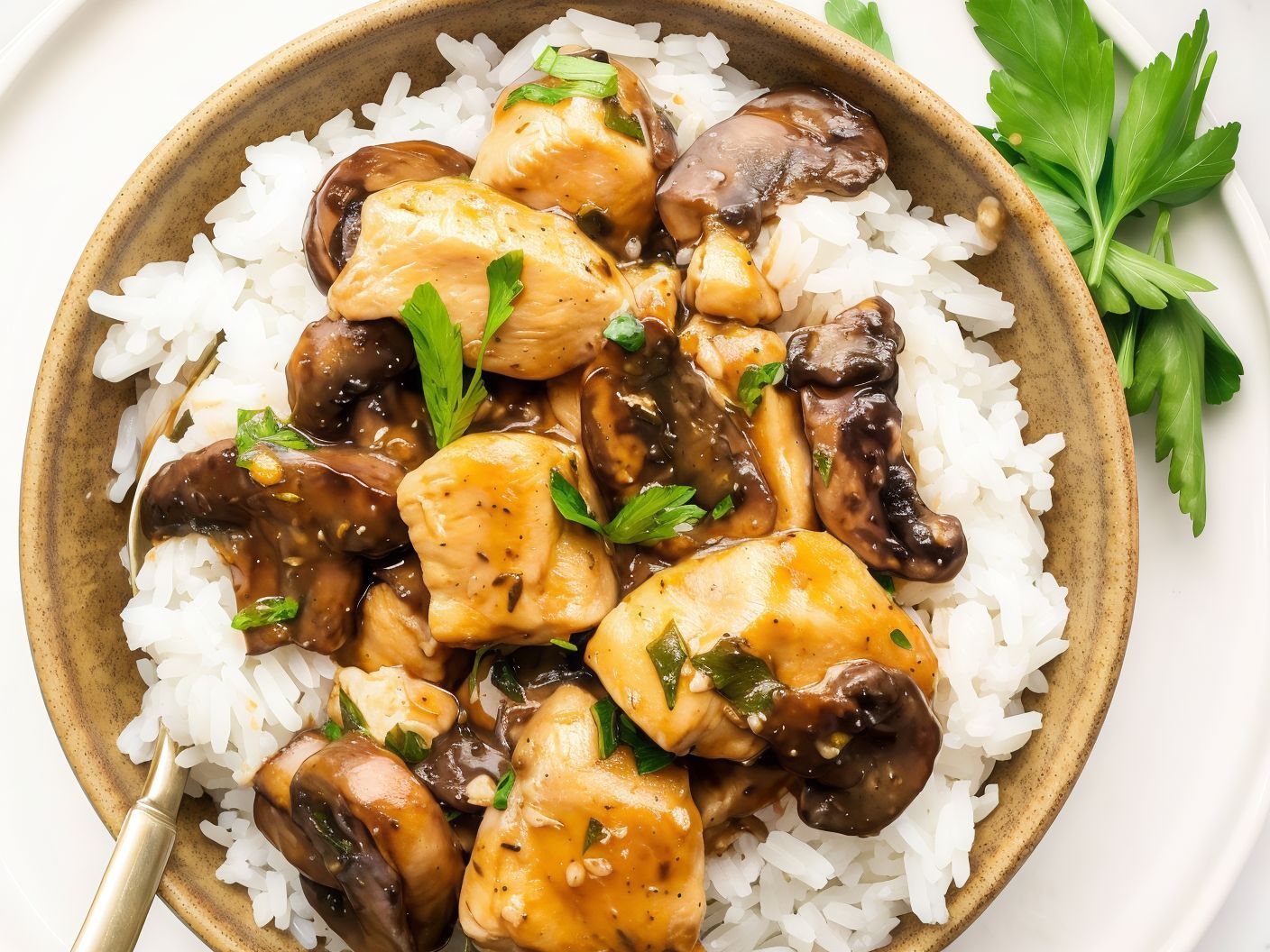 gravy chicken mushroom with rice meal